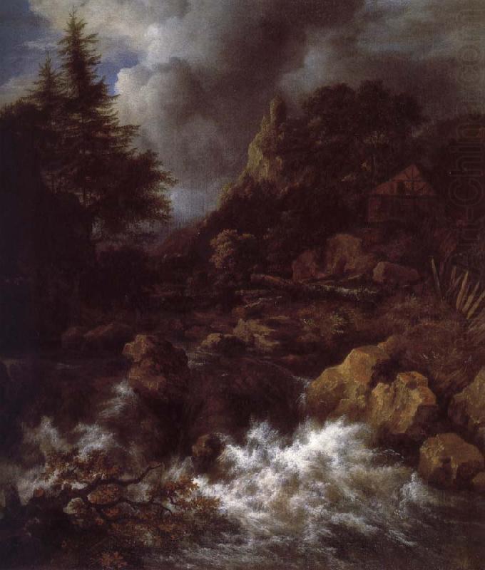 Jacob van Ruisdael Waterfall with a Half-timbered House and Castle